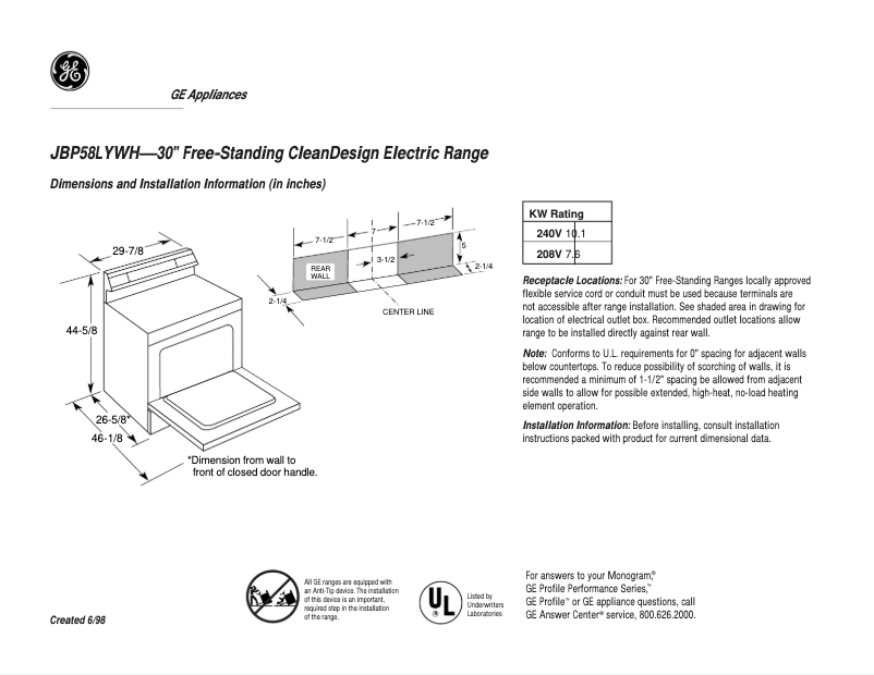 First page image of the manual for JBP58LYWH