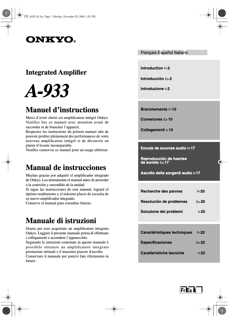 Page 1 of the manual User Manual Onkyo A-933