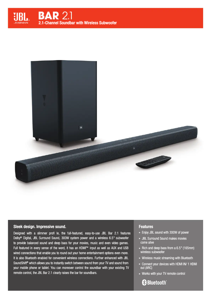 Page 1 of the manual Technical Sheet JBL Bar 2.1