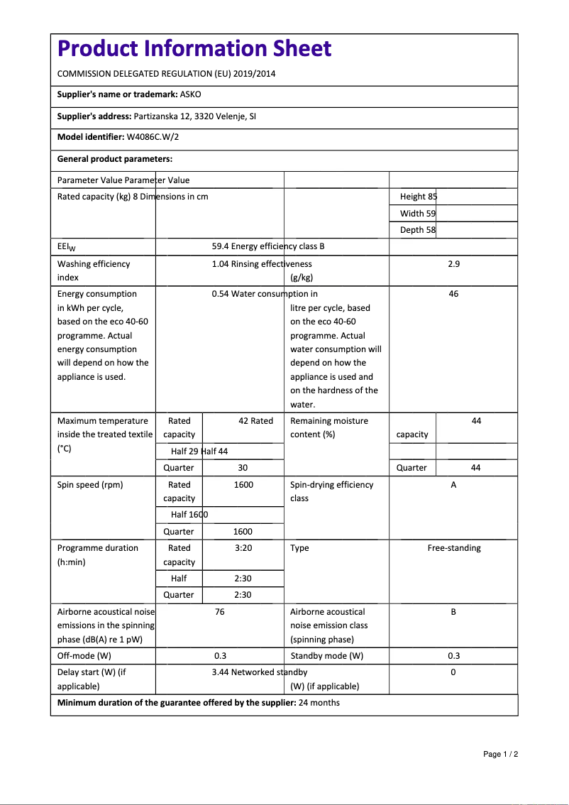 Page 1 of the manual Technical Sheet Asko W4086C.W