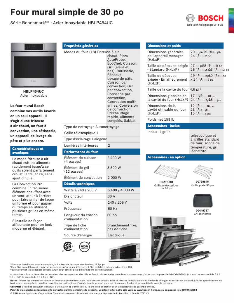 Page 1 of the manual Technical Sheet Bosch HBLP454UC
