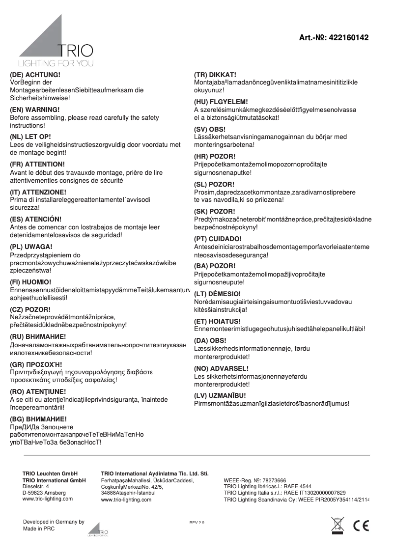 Page 1 of the manual User Manual Trio Lighting Ebro 422160142