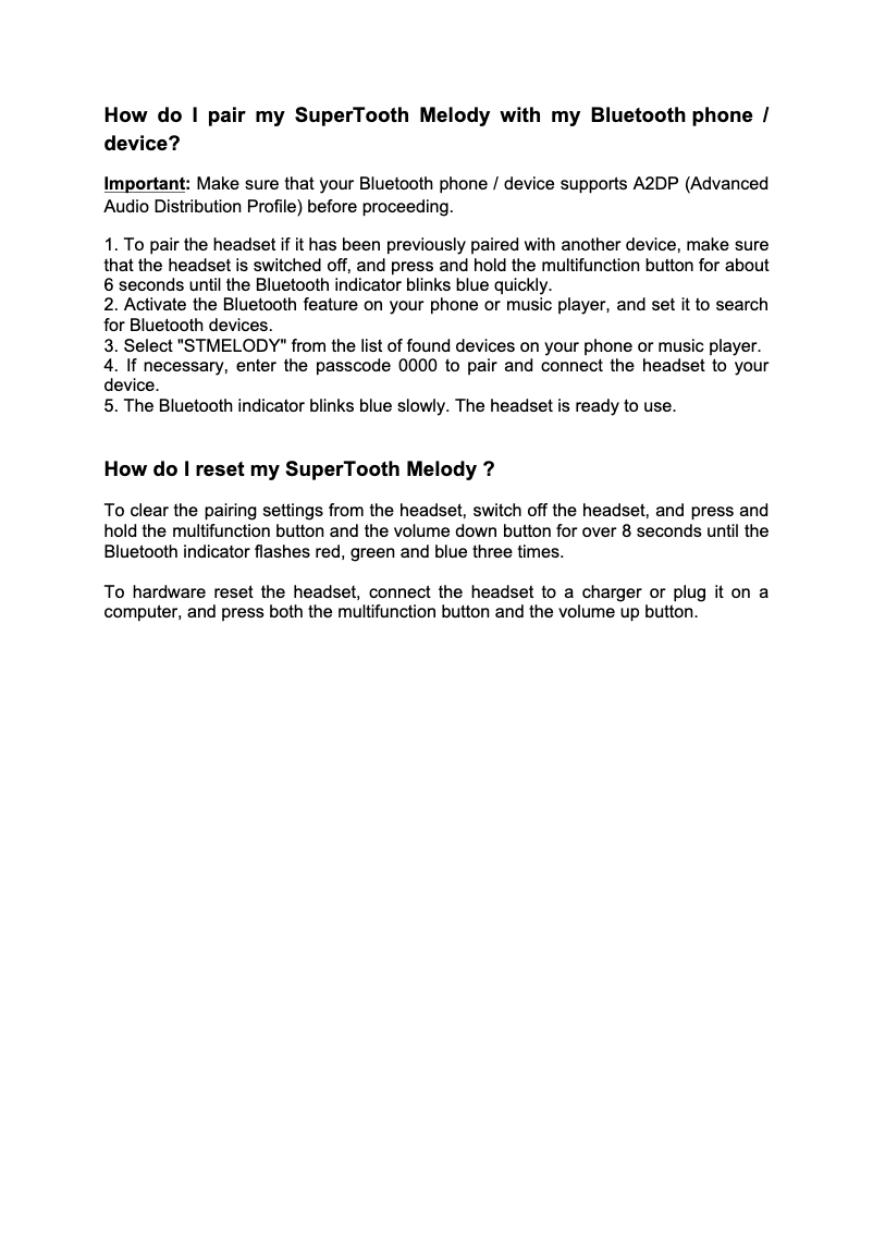 Page 1 of the manual FAQ SuperTooth Melody