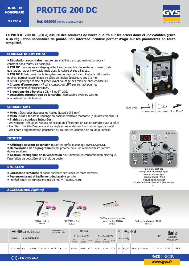 Page 1 of the manual Technical Sheet GYS Protig 200 DC HF