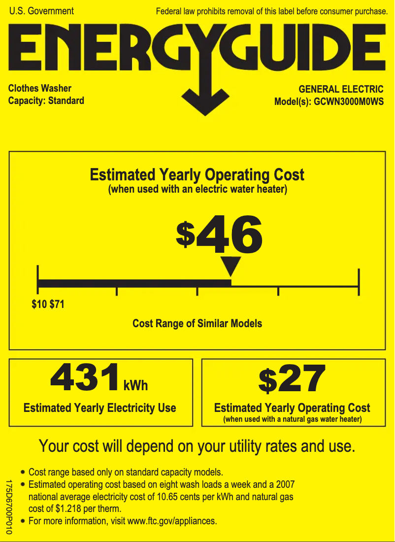 Page 1 of the manual Energy Label GE GCWN3000MWS