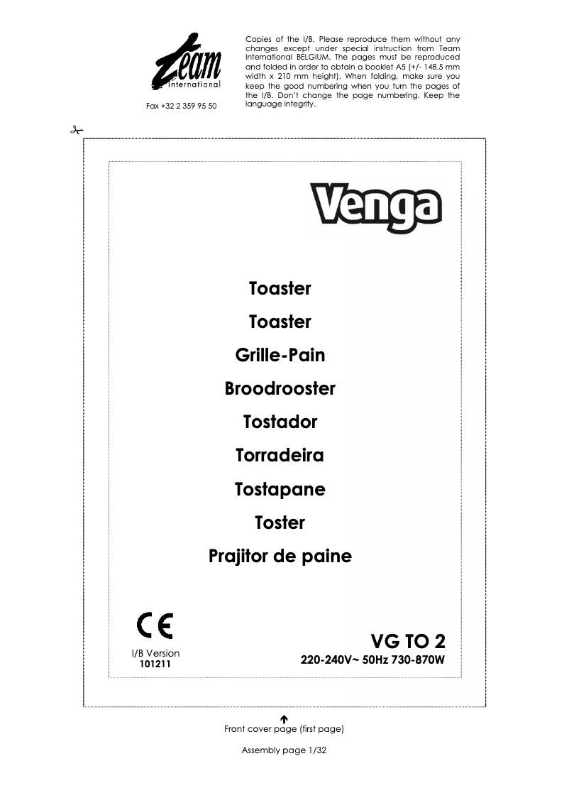 First page image of the manual for VG TO 2