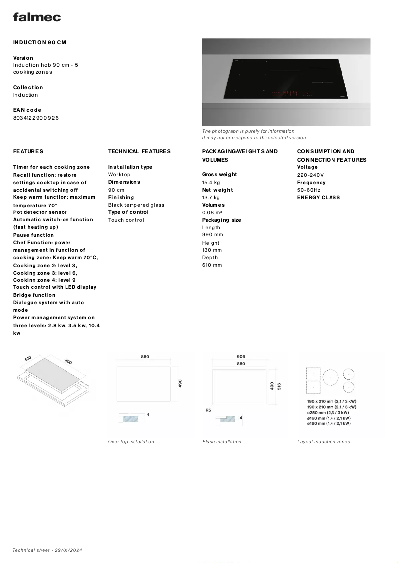 Page 1 of the manual Technical Sheet Falmec Induction Hob 90 cm