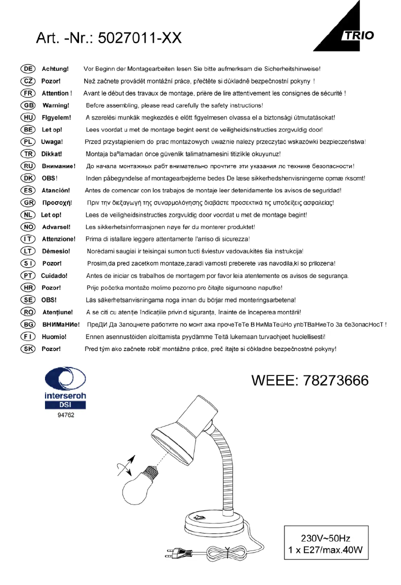 Page 1 of the manual User Manual Trio Lighting Pronto 5027011-47