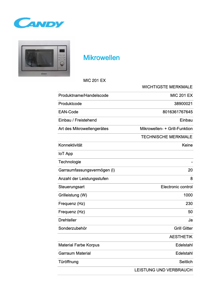Page 1 of the manual Technical Sheet Candy MIC 201 EX