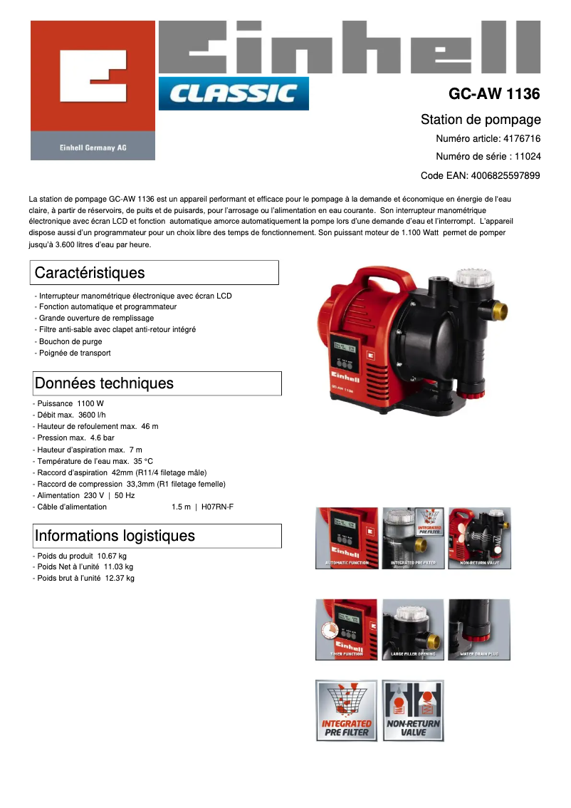 Page 1 of the manual Technical Sheet Einhell GC-AW 1136