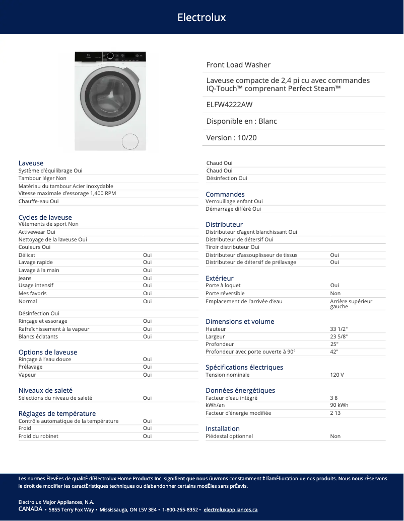 Page 1 of the manual Technical Sheet Electrolux ELFW4222AW