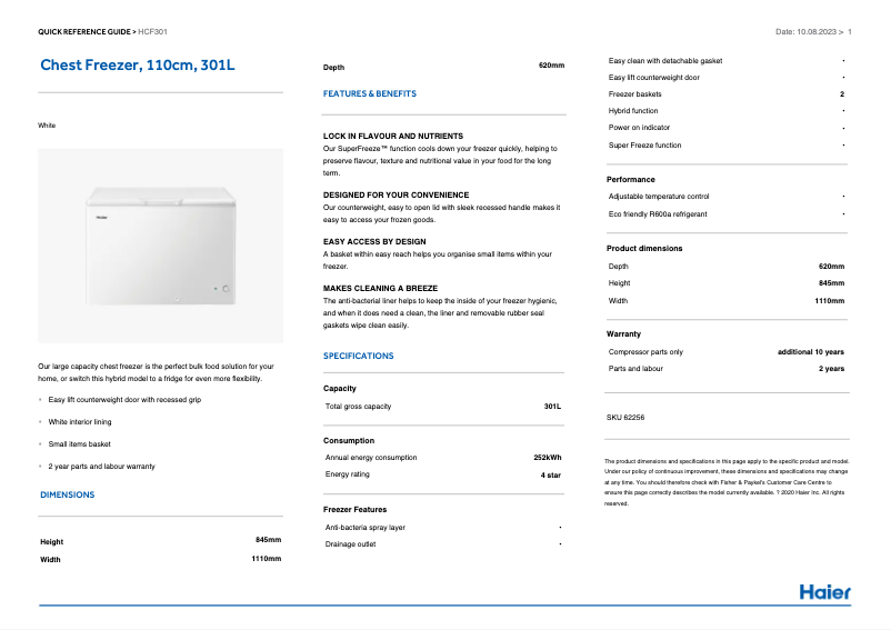 Page 1 of the manual Technical Sheet Haier HCF301W