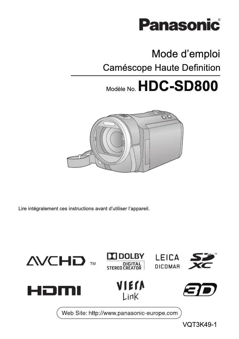Page 1 of the manual User Manual Panasonic HDC-SD800