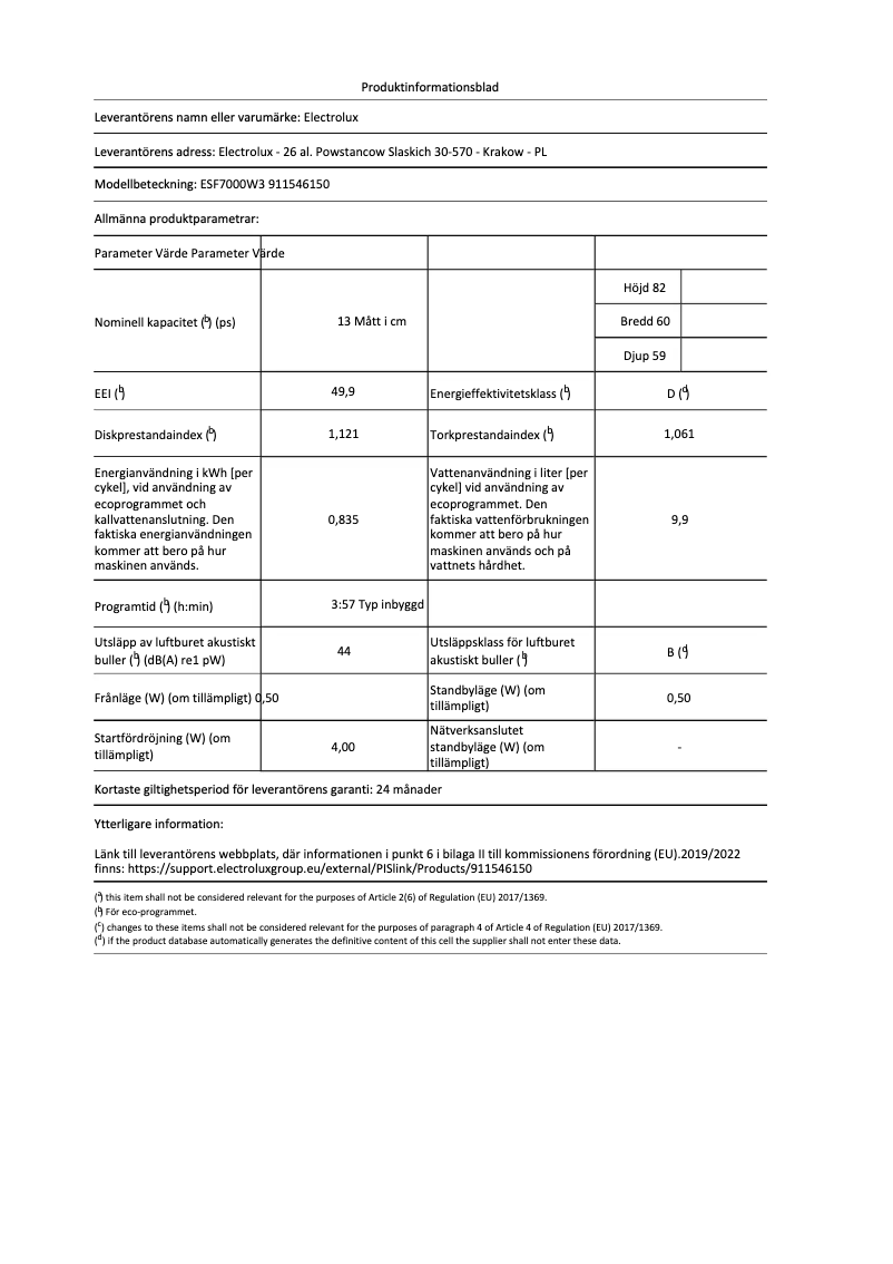 Page 1 of the manual Technical Sheet Electrolux ESF7000W3
