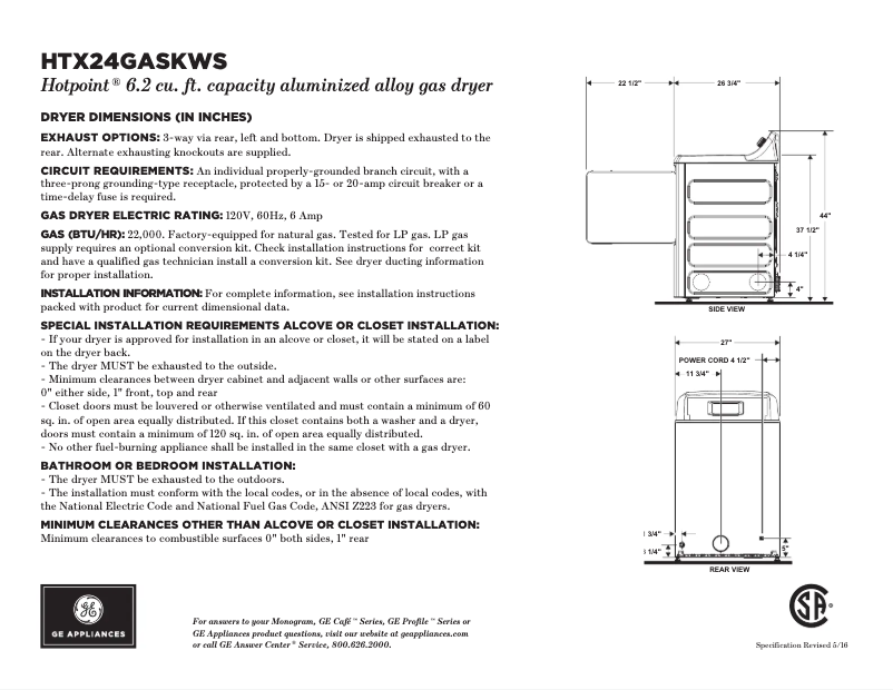 Page 1 of the manual Technical Sheet Hotpoint HTX24GASKWS