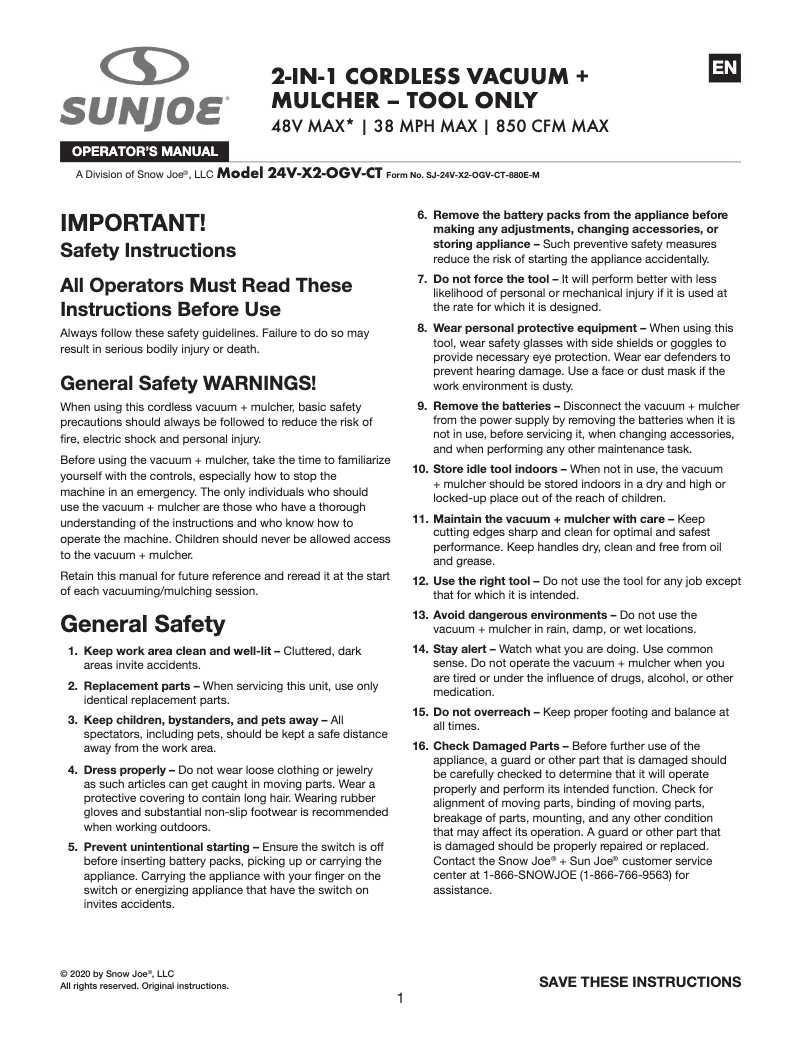 Page 1 of the manual User Manual Sun Joe 24V-X2-OGV-CT