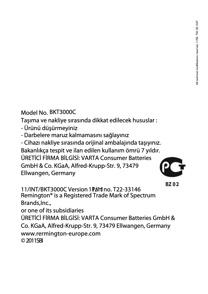 Page 1 de la notice Manuel utilisateur Remington BKT3000C