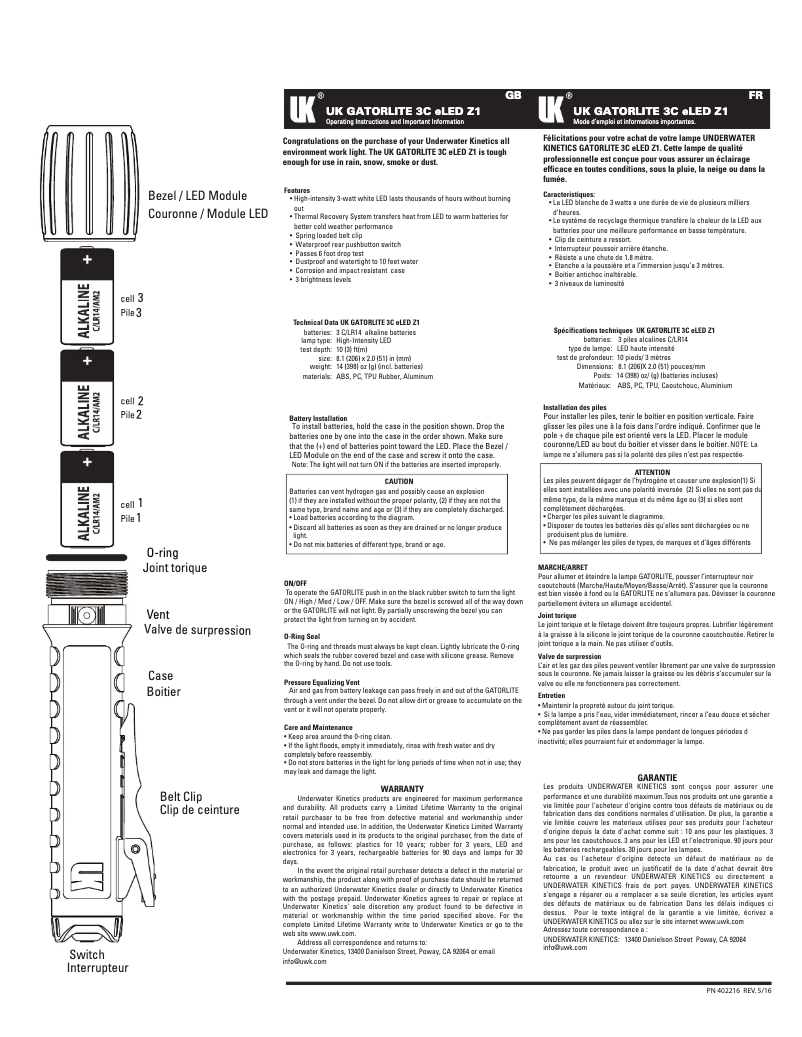 Page 1 of the manual User Manual Underwater Kinetics Gatorlite eLED Z1