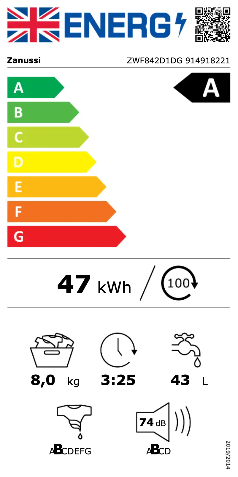 Page 1 of the manual Energy Label Zanussi ZWF842D1DG
