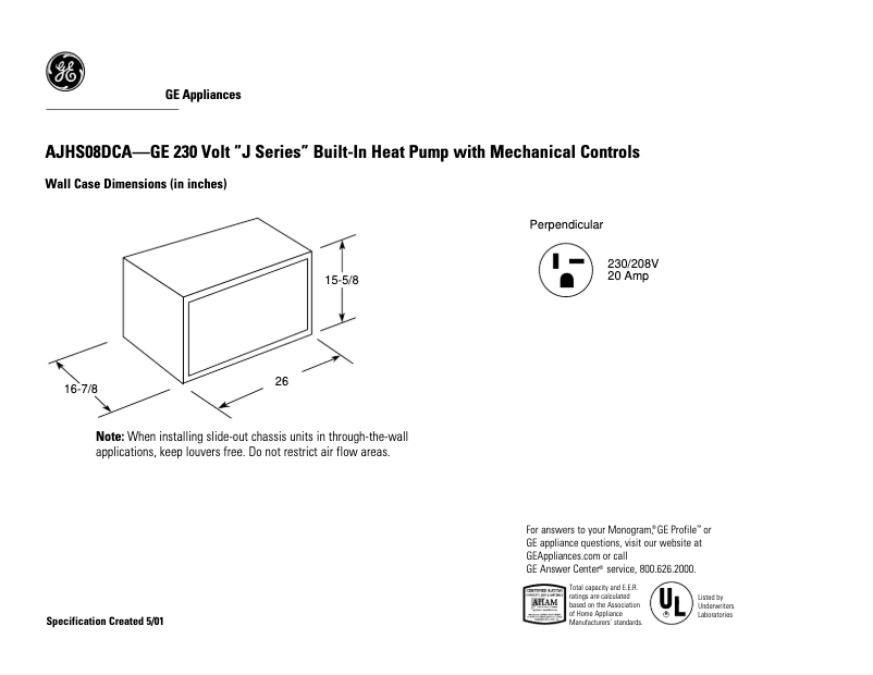 Page 1 of the manual Technical Sheet GE AJHS08DCA