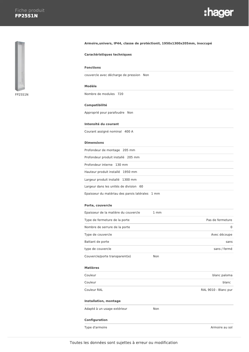 Page 1 of the manual Technical Sheet Hager FP25S1N