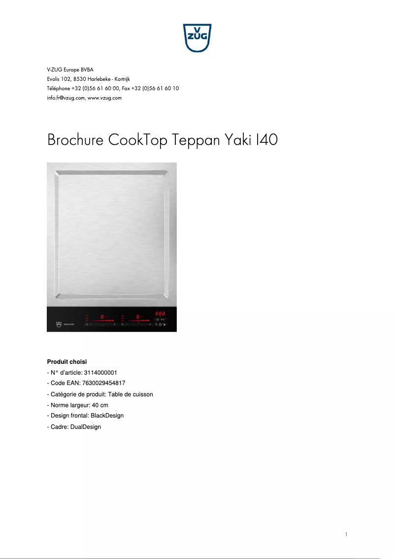First page image of the manual for CookTop Teppan Yaki I40