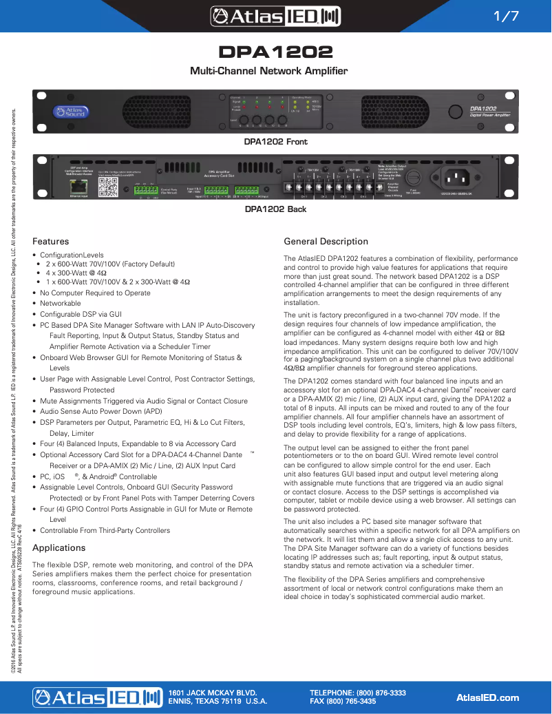 Page 1 of the manual Brochure Atlas Sound DPA1202