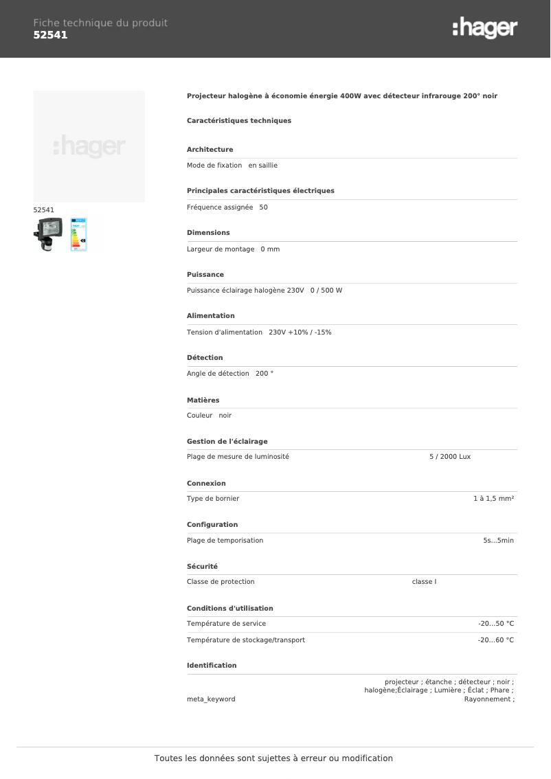 Page 1 of the manual Technical Sheet Hager 52541