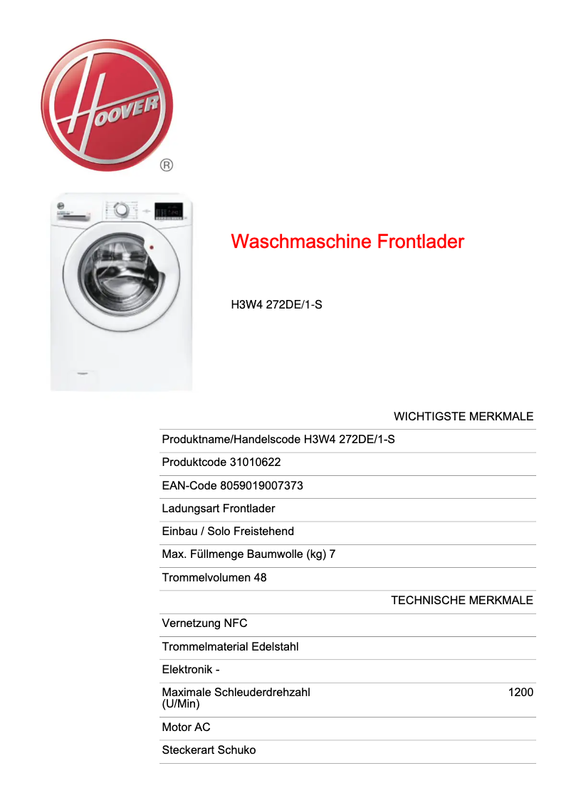 Page 1 of the manual Technical Sheet Hoover H3W4 272DE/1-S