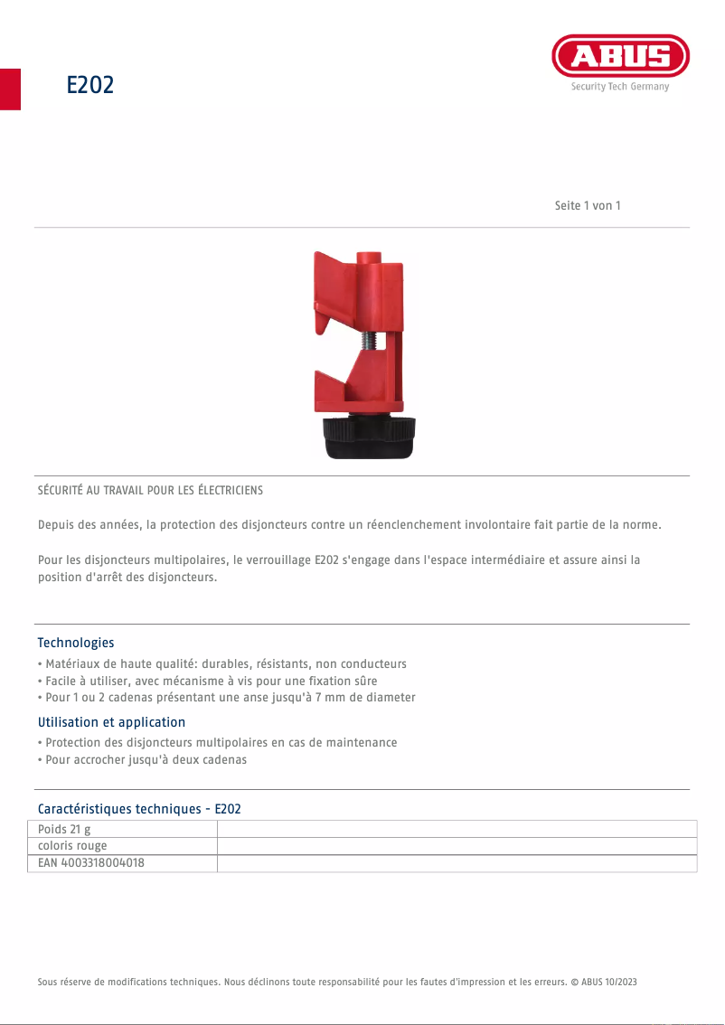 Page 1 of the manual Technical Sheet Abus E202