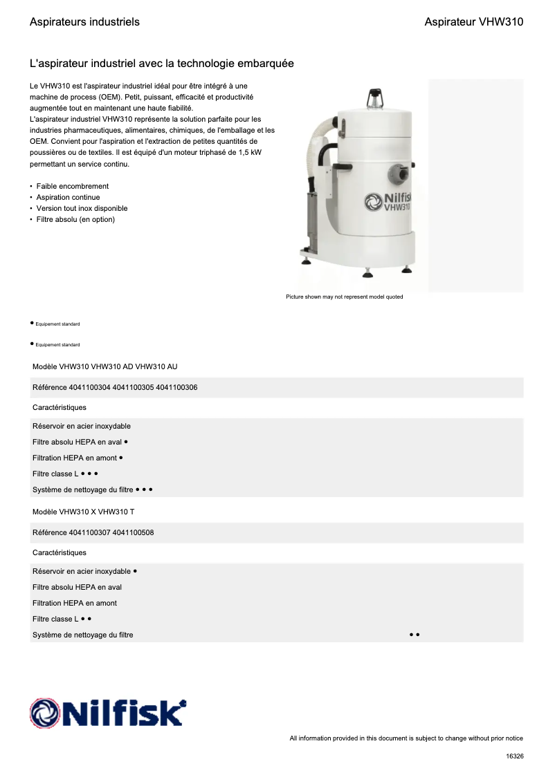Page 1 of the manual Technical Sheet Nilfisk VHW310