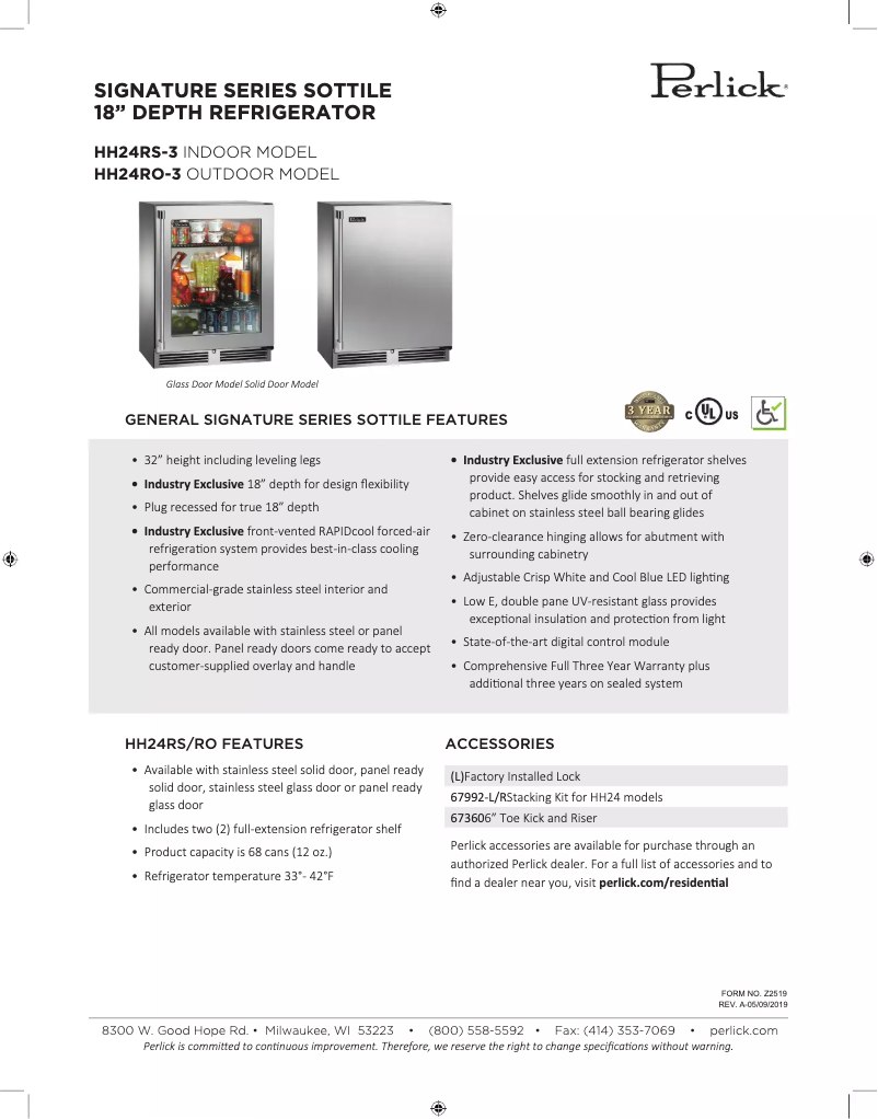 Page 1 of the manual Technical Sheet Perlick HH24RO-3-1L