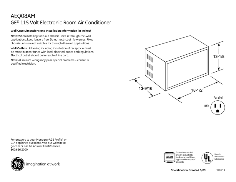 Page 1 of the manual Technical Sheet GE AEQ08AM