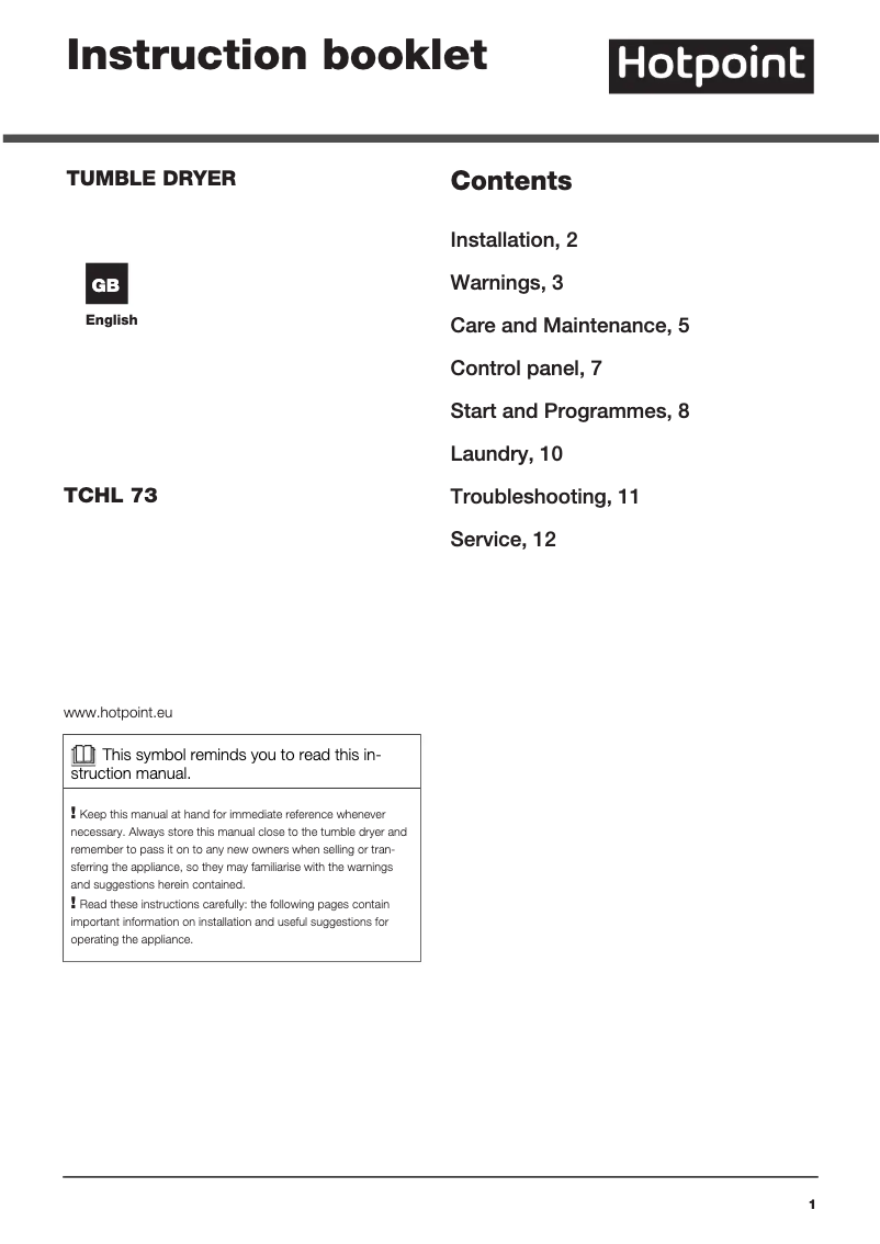 Page 1 of the manual User Manual Hotpoint TCHL 73B RP (UK)