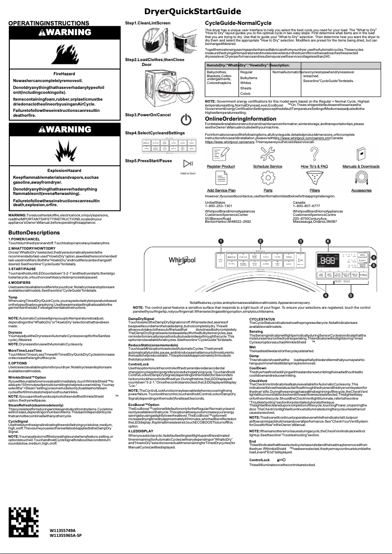 Page 1 of the manual Quick Start Guide Whirlpool WED5605MW