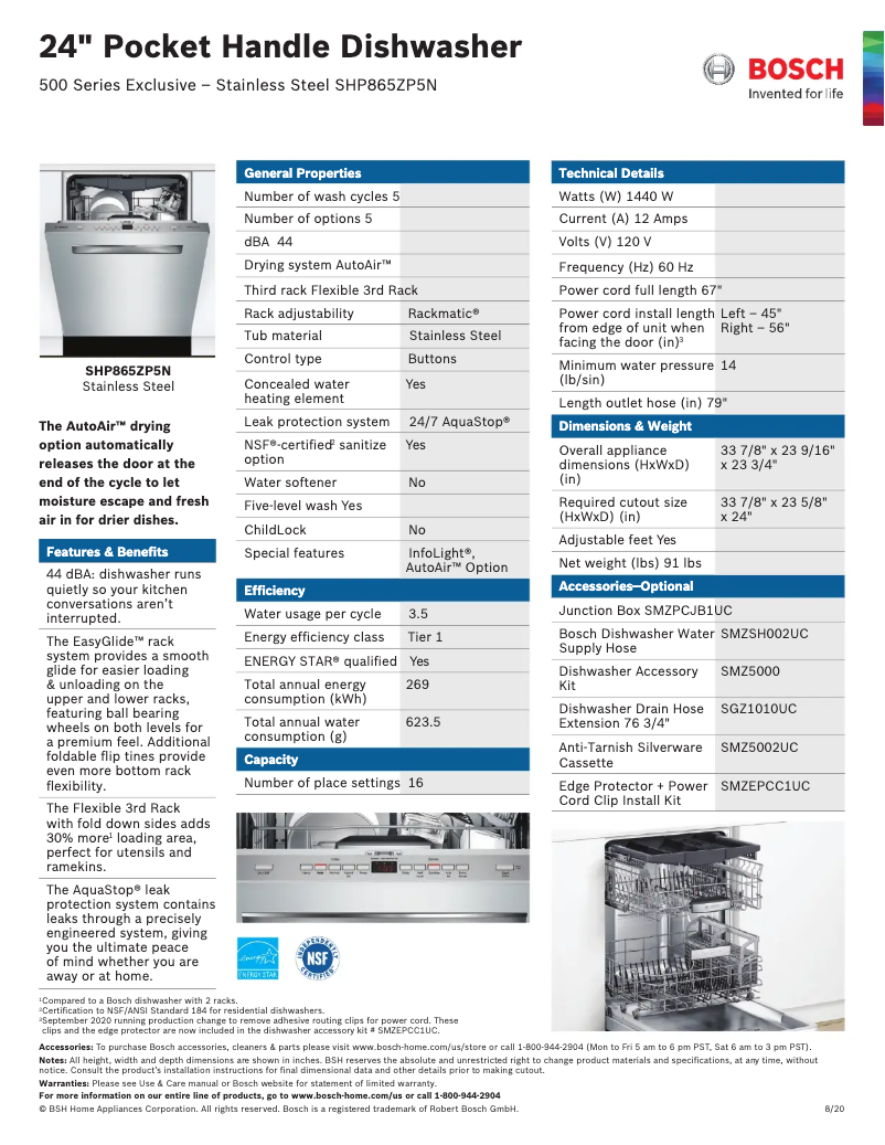 Page 1 of the manual Technical Sheet Bosch SHP865ZP5N