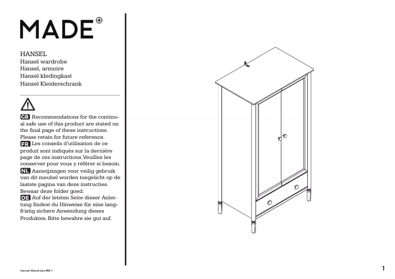 First page image of the manual for Hansel