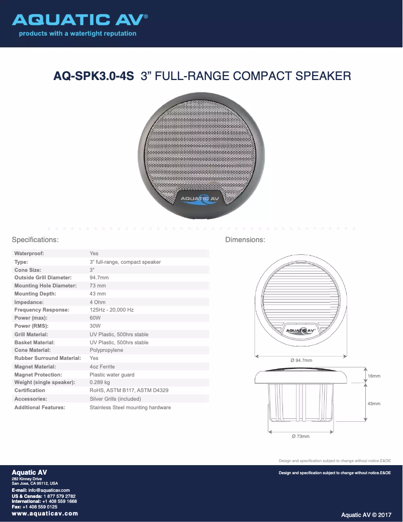 Page 1 of the manual User Manual Aquatic AV AQ-SPK3.0-4S