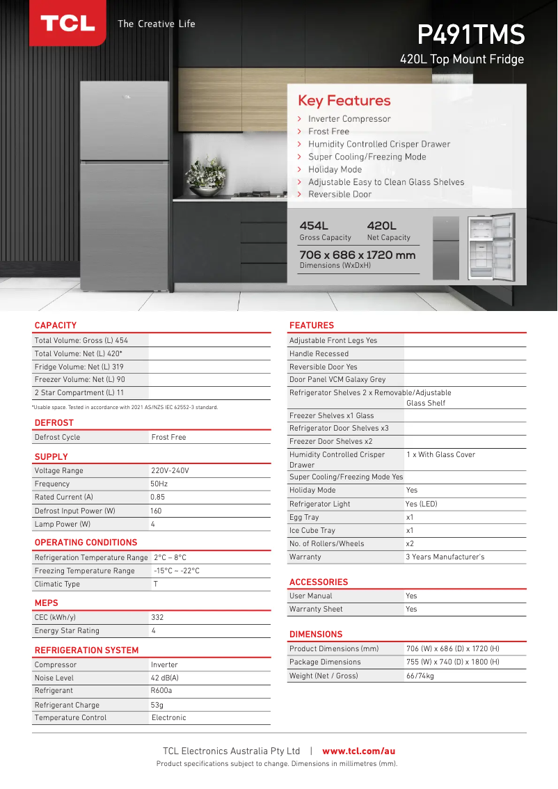 Page 1 of the manual Technical Sheet TCL P491TMS