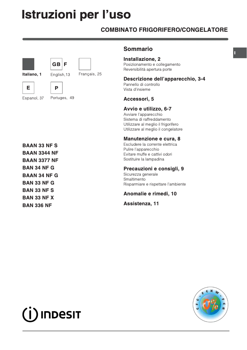 Page 1 of the manual User Manual Indesit BAN 3377 NF