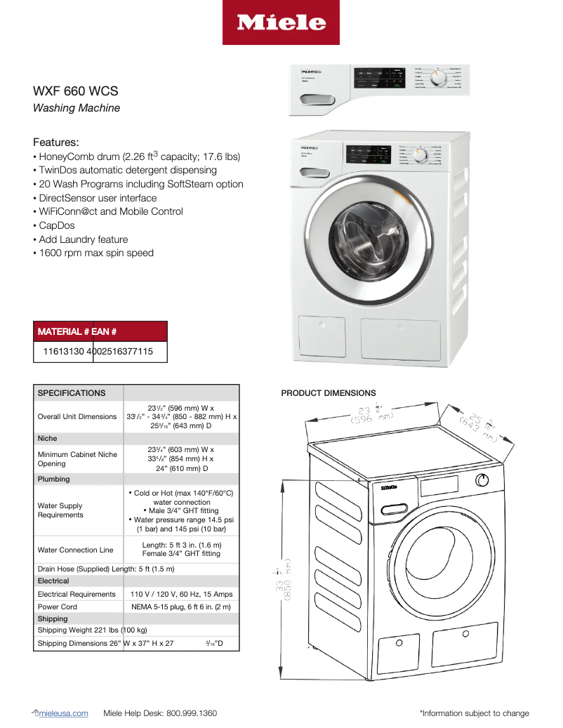 Page 1 of the manual Technical Sheet Miele WXF 660 WCS