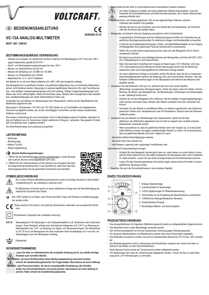 Page 1 of the manual User Manual Voltcraft VC-13A