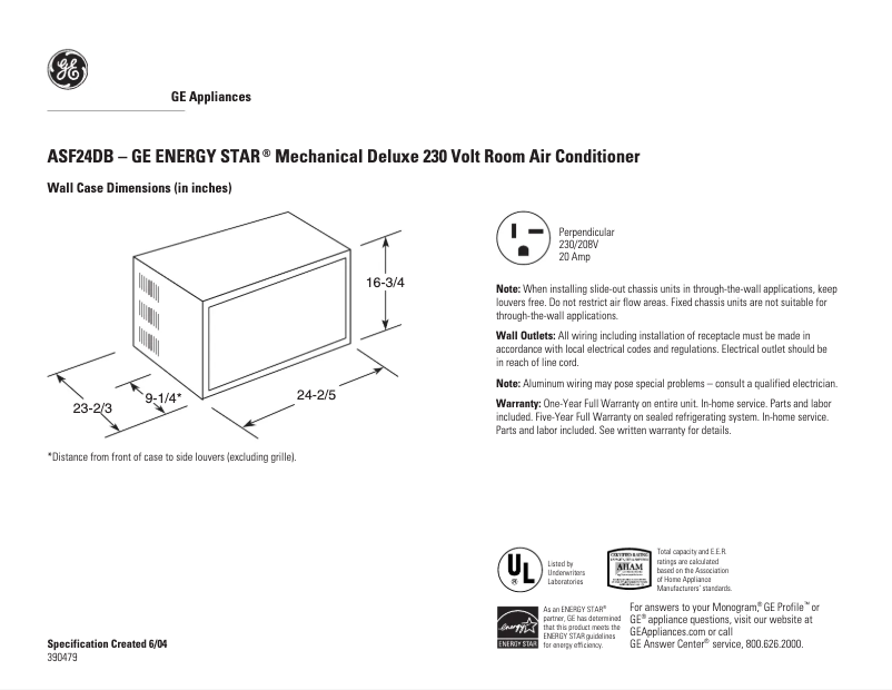 Page 1 of the manual Technical Sheet GE ASF24DB