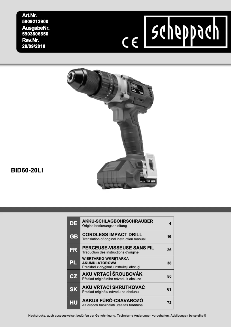 Page 1 of the manual User Manual Scheppach BID60-20Li