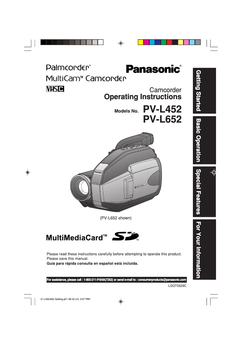 First page image of the manual for Palmcorder PV-L452