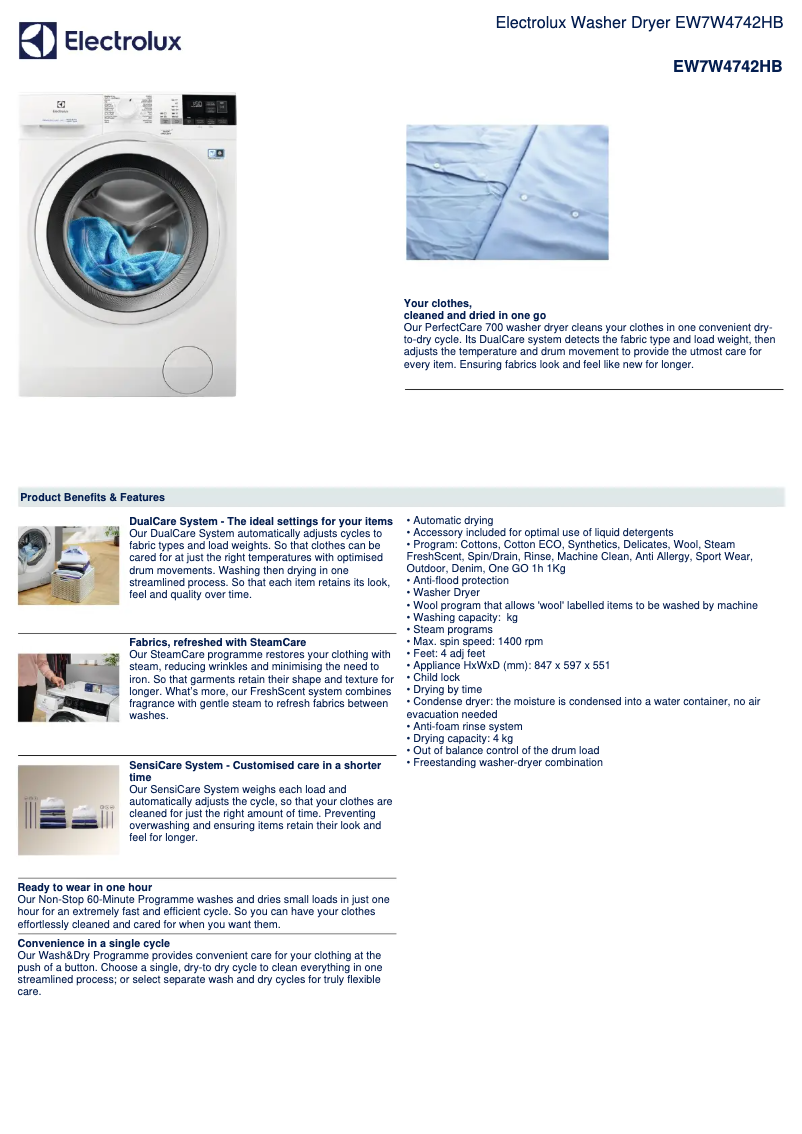 Page 1 of the manual Technical Sheet Electrolux EW7W4742HB