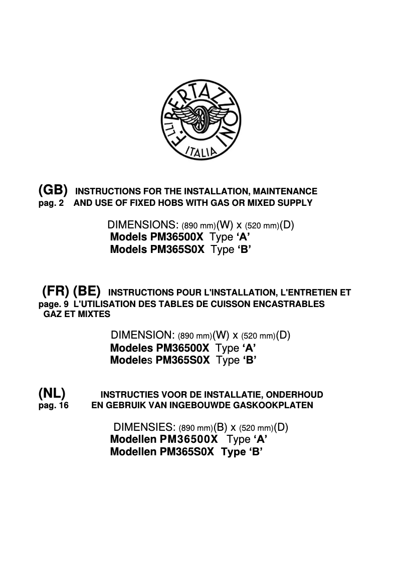 Page 1 of the manual User Manual Bertazzoni PM36S0X B