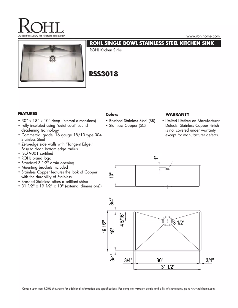 Page 1 de la notice Fiche technique Rohl RSS3018
