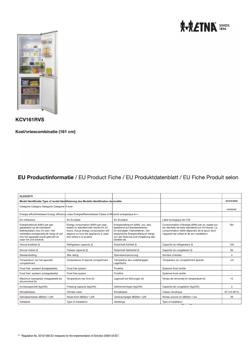 Page 1 of the manual Technical Sheet Etna KCV161RVS