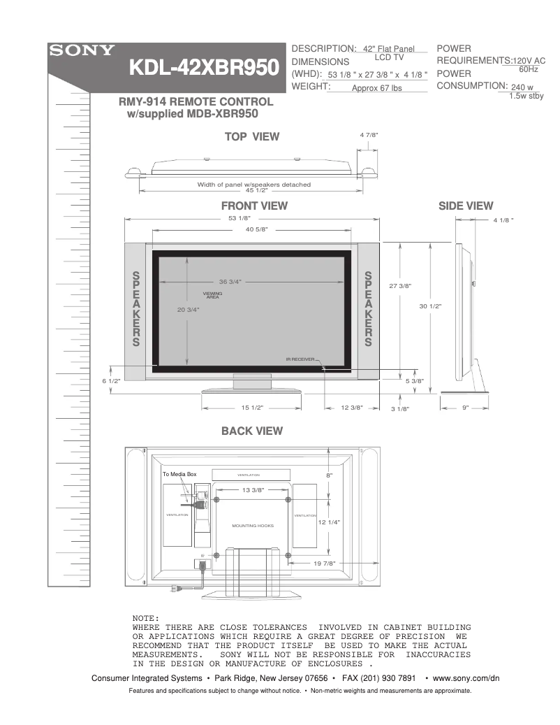 Page 1 of the manual Installation Guide Sony Wega KD-E42XBR950